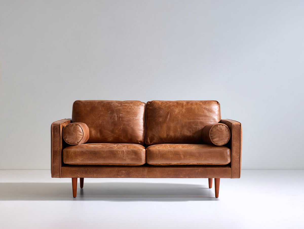 Divano a due posti - Pelle - 170x87x81 cm - Cognac scuro - Design metà secolo