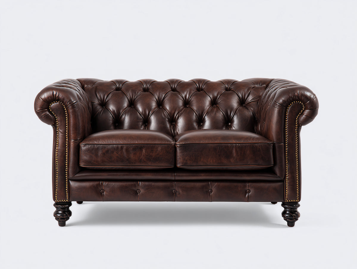 Divano a due posti - Pelle - 162x88x76 cm - Marrone scuro - Stile Chesterfield