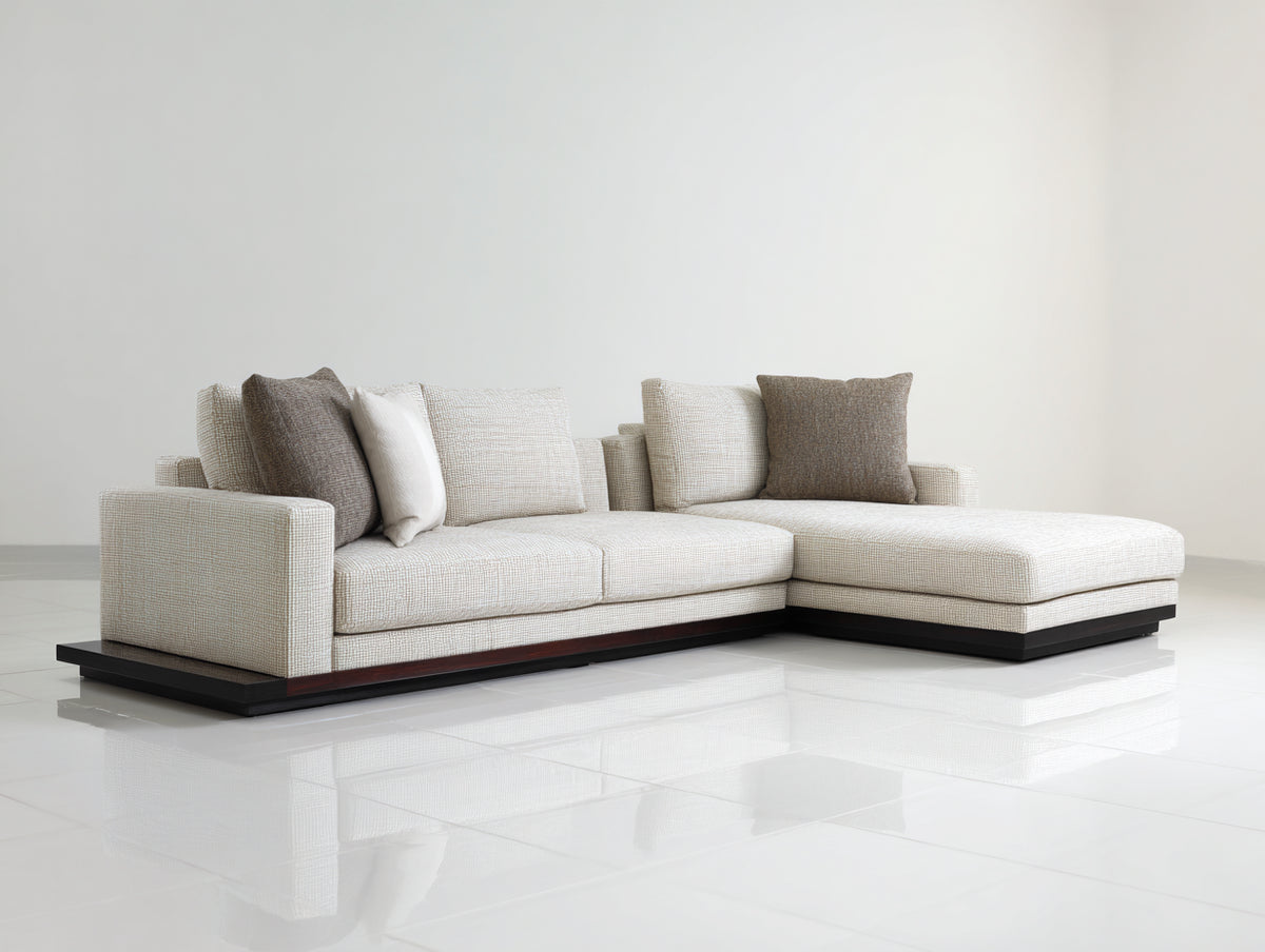 Divano angolare - Tessuto-Legno - 301x171x82 cm - Avorio-Marrone scuro - Stile minimalista