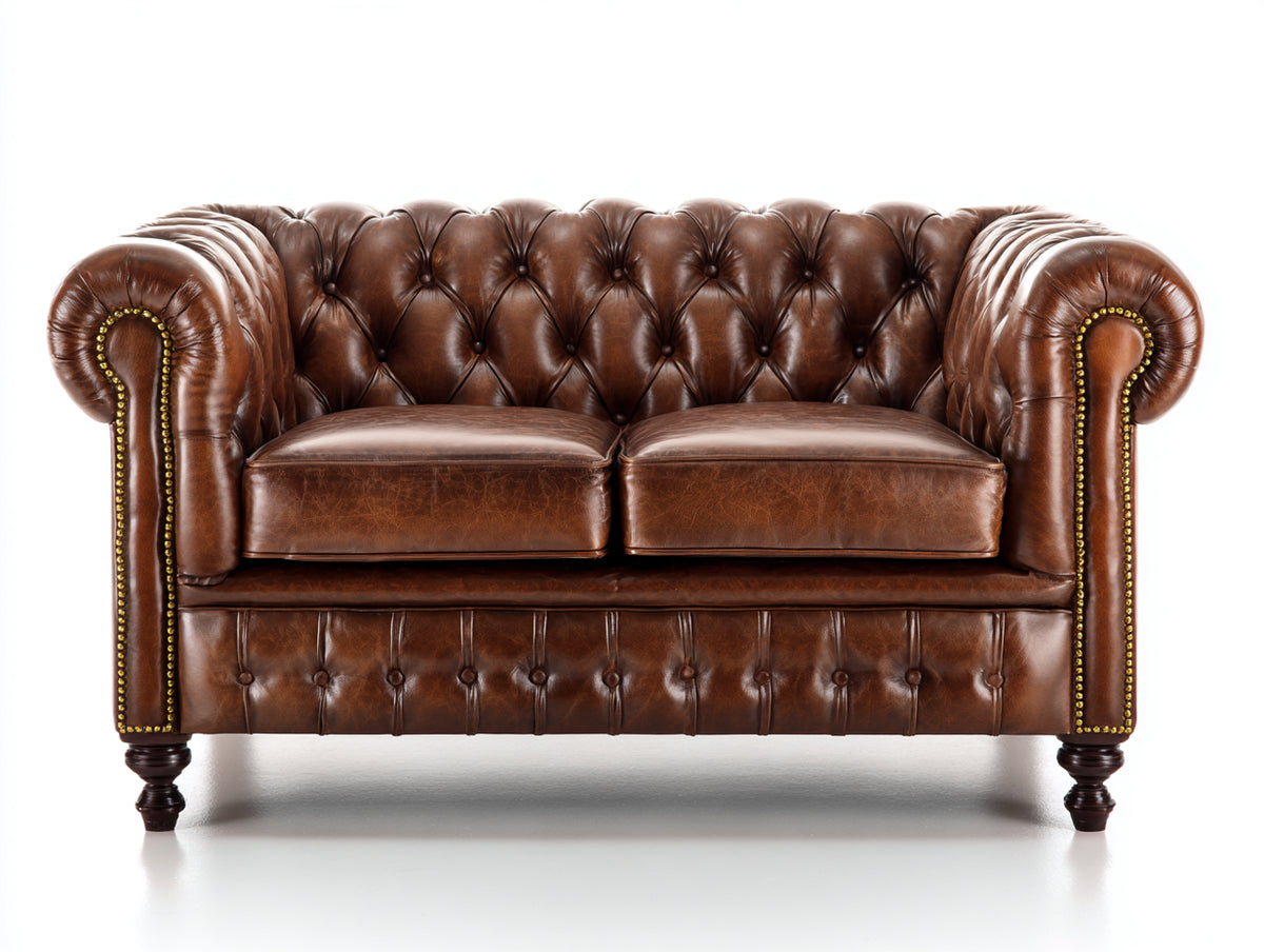Divano a due posti - Pelle - 172x92x79 cm - Marrone cognac - Stile Chesterfield